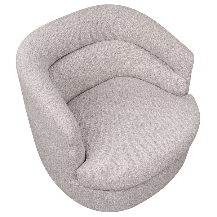 Curved grey fabric chair by [Brand], modern design.