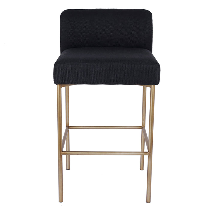 Bar stool featuring black seat and gold legs by [Brand].