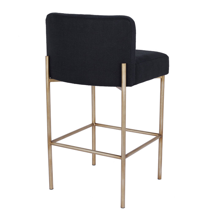 Stylish [Brand] barstool, black upholstery, gold metal legs.
