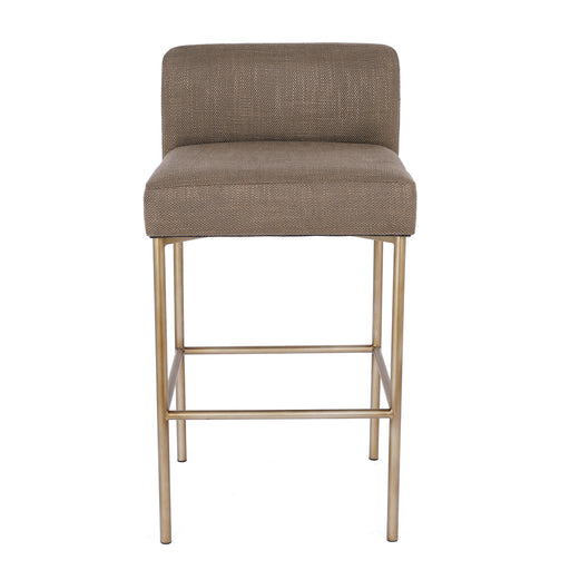 [Brand] beige modern bar stool with metallic legs.