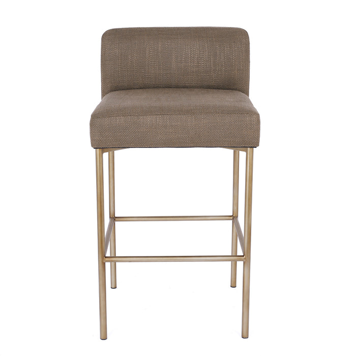 [Brand] beige modern bar stool with metallic legs.