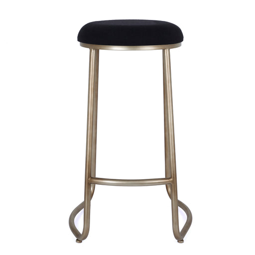 [Brand] stool with black cushioned seat, elegant brass legs.