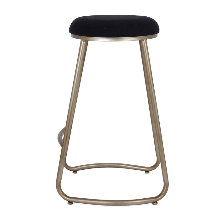 [Brand] stool features sleek, metal frame with black seat.