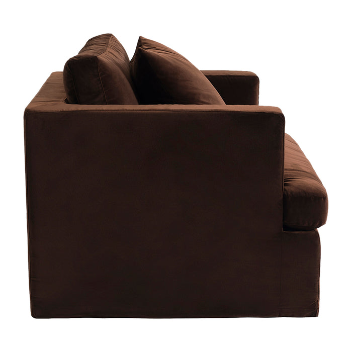 Brown side view of [Brand] sofa with plush cushions.