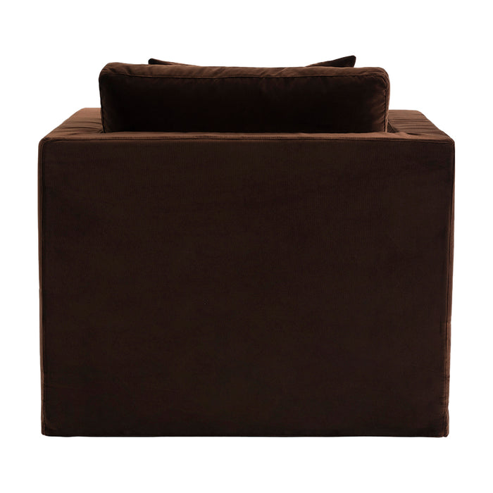 [Brand] brown armchair back view, plush and rectangular design.