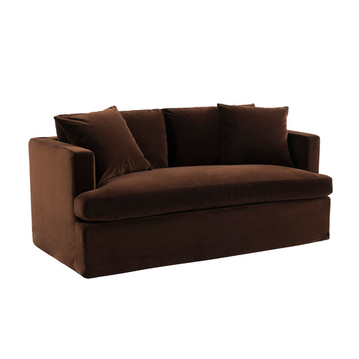 Brown velvet sofa with cushions by [Brand], minimalist design.