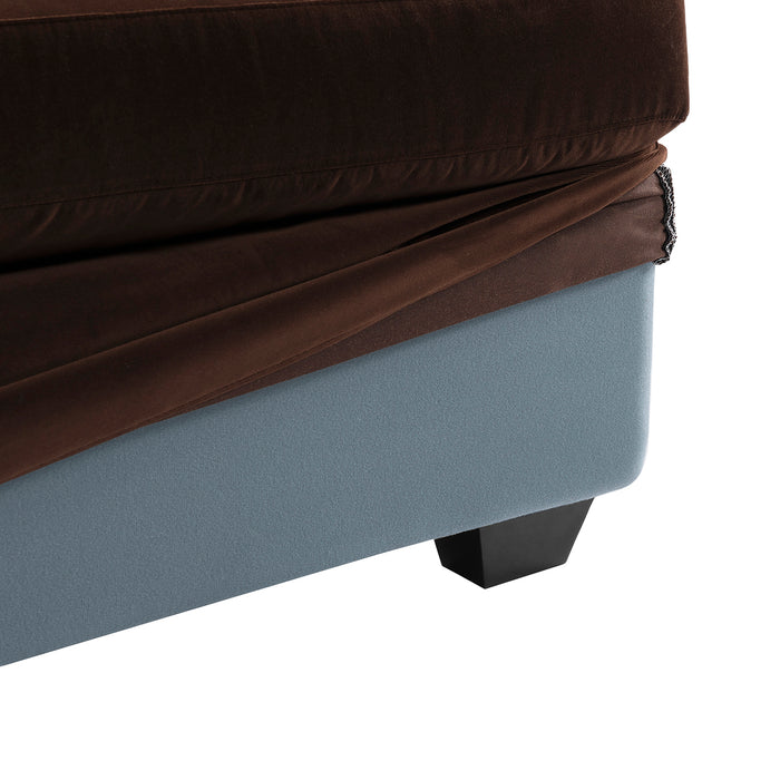 [Brand] brown mattress cover on blue bed base with legs.