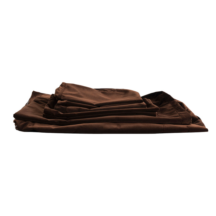 [Brand] brown sheets neatly folded against a white background.