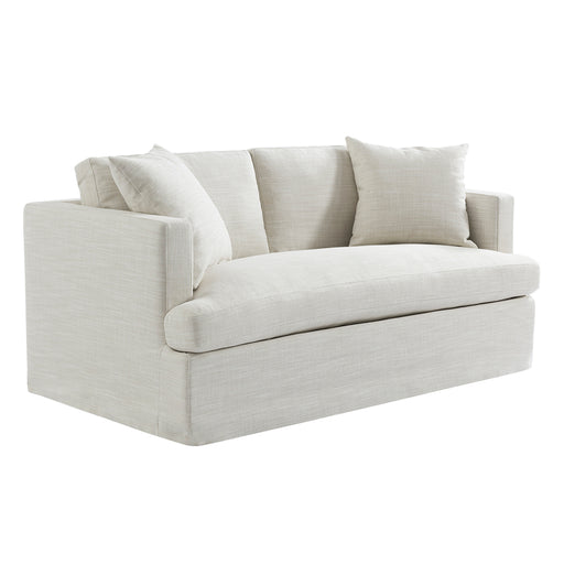 Beige fabric sofa with cushions from [Brand] displaying elegance.