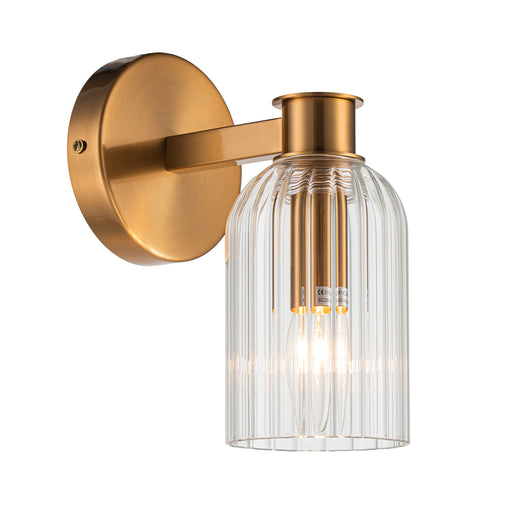 [Brand] wall sconce with brass finish and clear shade.