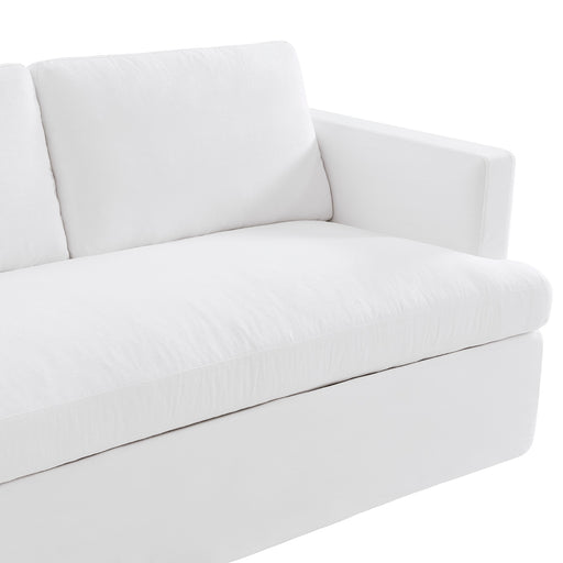 White sofa with plush cushions from [Brand], angled armrest.