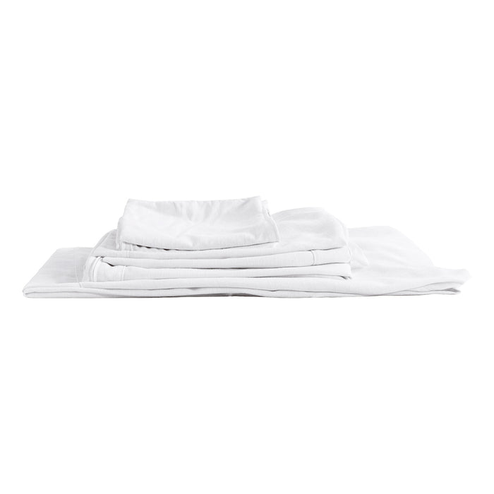 Folded white sheet set from [Brand] on white background.