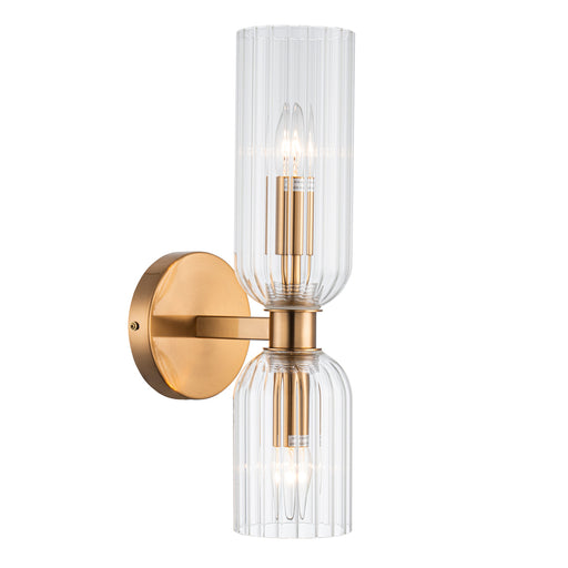 [Brand] gold wall sconce with ribbed glass shades.