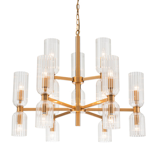 [Brand] gold chandelier with twelve ribbed glass light fixtures.
