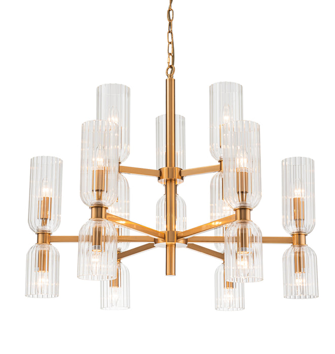 [Brand] gold chandelier with twelve ribbed glass light fixtures.