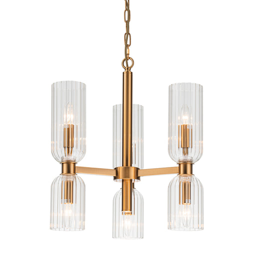 [Brand] chandelier with brass finish and ribbed glass cylinders.
