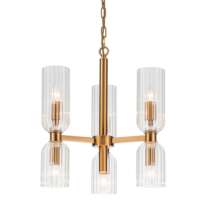[Brand] chandelier with brass finish and ribbed glass cylinders.