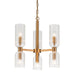 [Brand] chandelier with brass finish and ribbed glass cylinders.