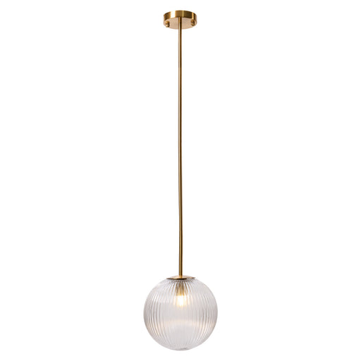 [Brand] brass pendant light with ribbed glass globe shade.