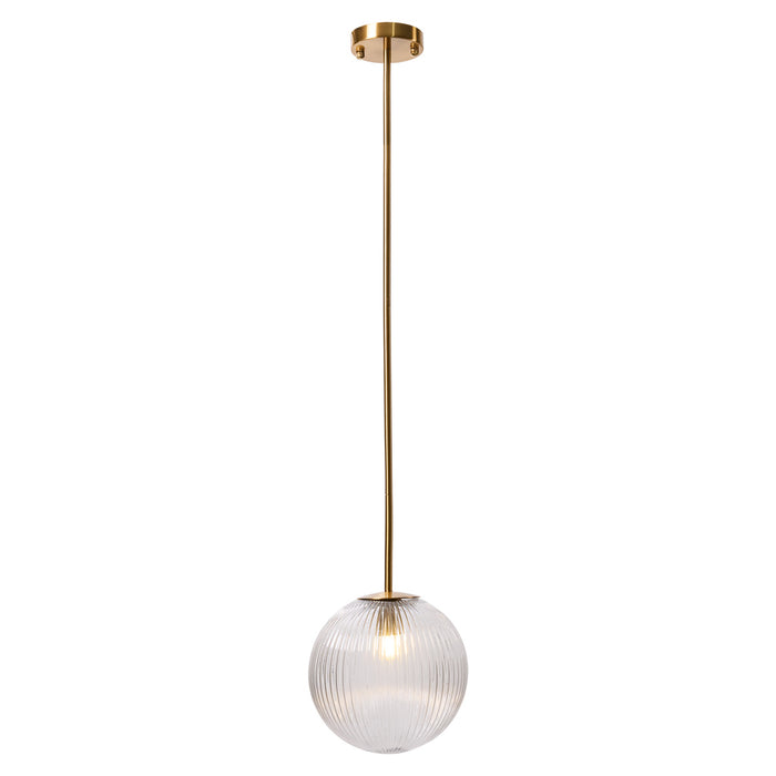 [Brand] brass pendant light with ribbed glass globe shade.