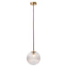[Brand] brass pendant light with ribbed glass globe shade.