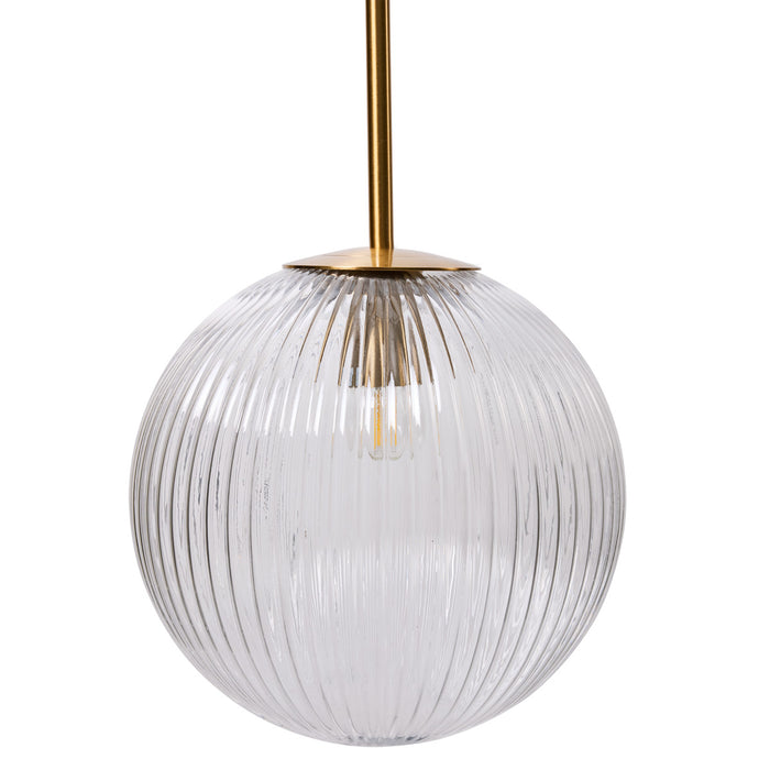 [Brand] spherical glass pendant light with gold metal accents.