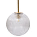 [Brand] spherical glass pendant light with gold metal accents.