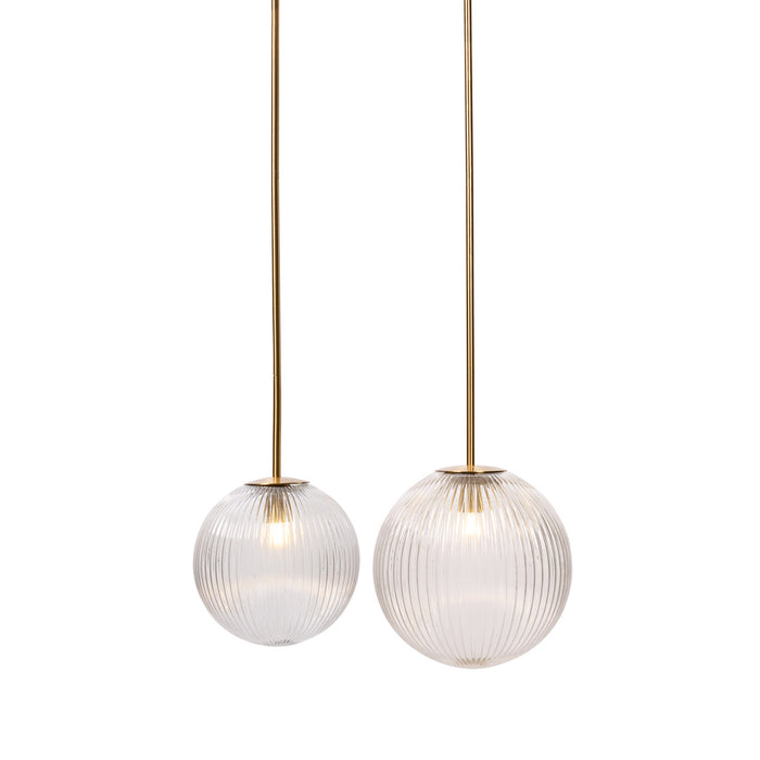 Two spherical pendant lights with ribbed glass by [Brand].