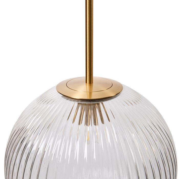 [Brand] gold and glass pendant light with ribbed design.