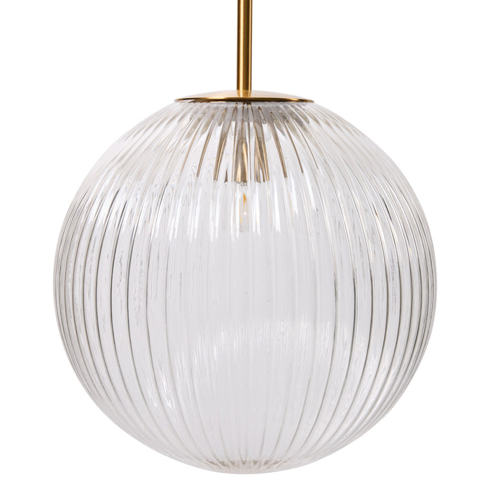 Clear ribbed glass pendant light by [Brand] with brass accents.