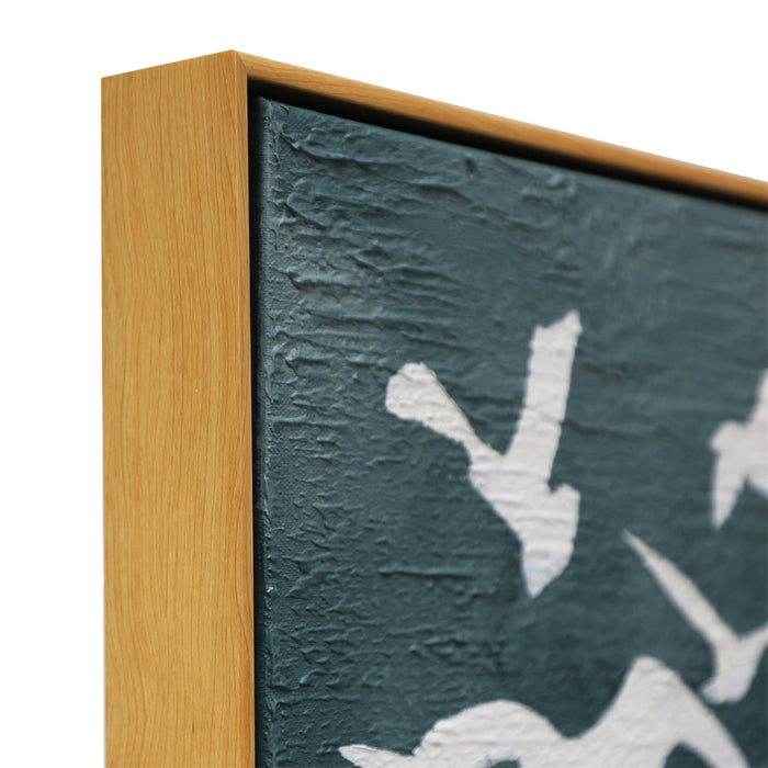 Wooden-framed artwork by [Brand], featuring flying white birds.
