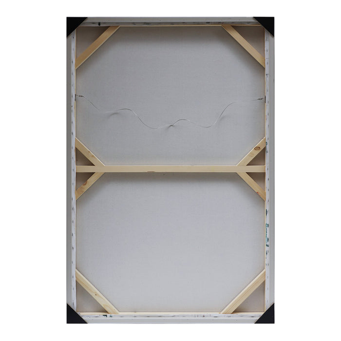 Backside of a [Brand] canvas with wooden stretcher bars.