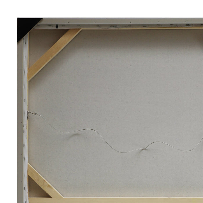 Back view of [Brand] wood-framed canvas with hanging wire.