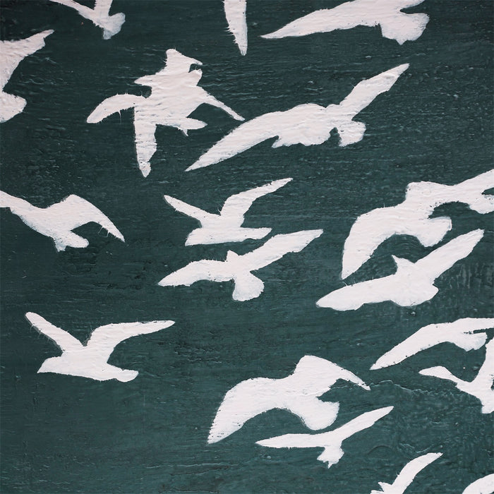 White bird silhouettes on dark green background, [Brand] design.