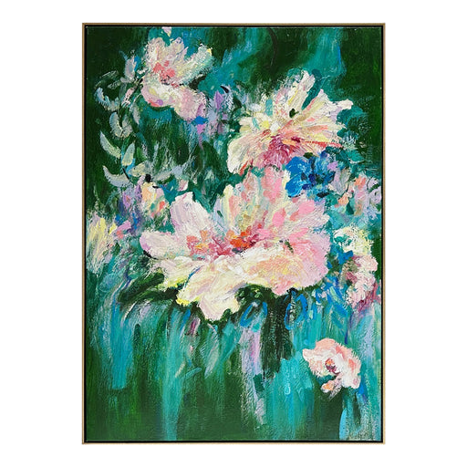 Bright floral painting with vibrant colors, lush backdrop, [Brand].