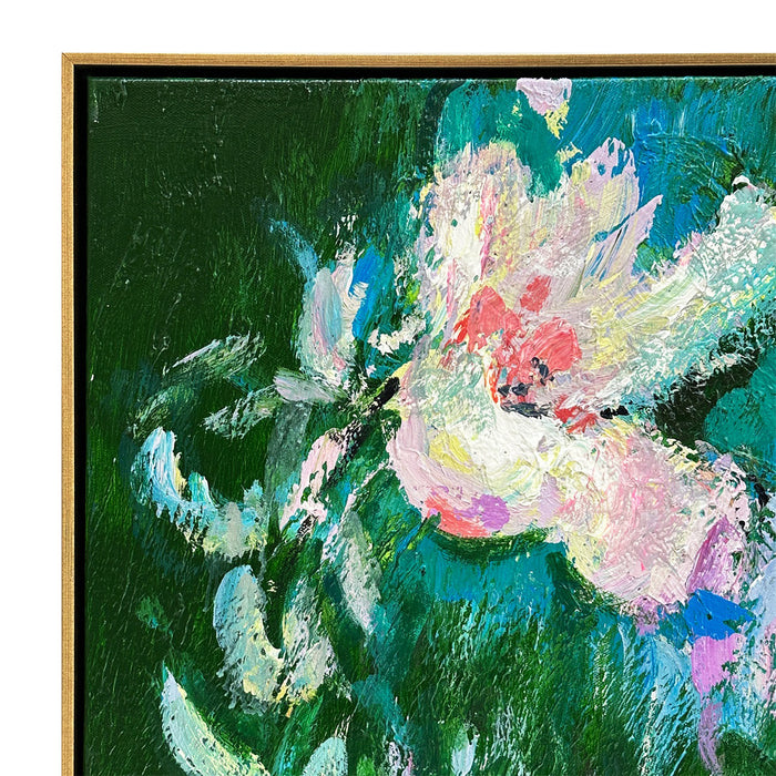 Abstract floral painting featuring vibrant colors, framed by [Brand].