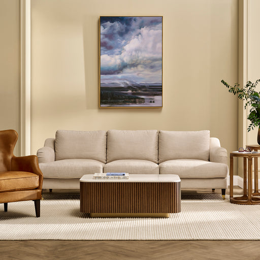 [Brand] beige sofa, brown armchair, coffee table, landscape painting.