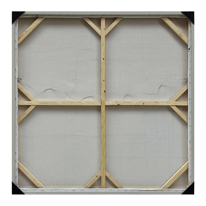 Backside of canvas frame with wooden supports. [Brand] artwork.