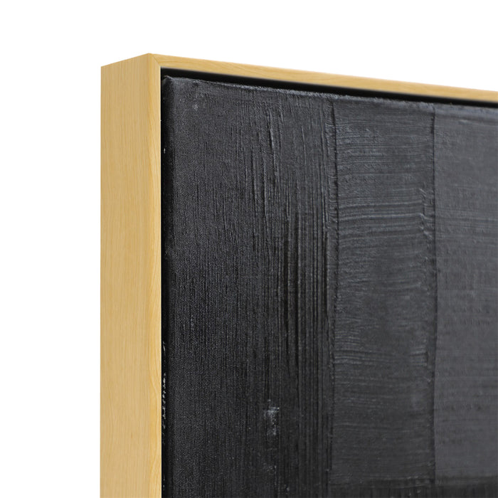 Framed black textured painting by [Brand] with wooden edge.