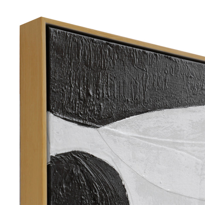 Textured black and white painting, wooden frame, [Brand] artwork.