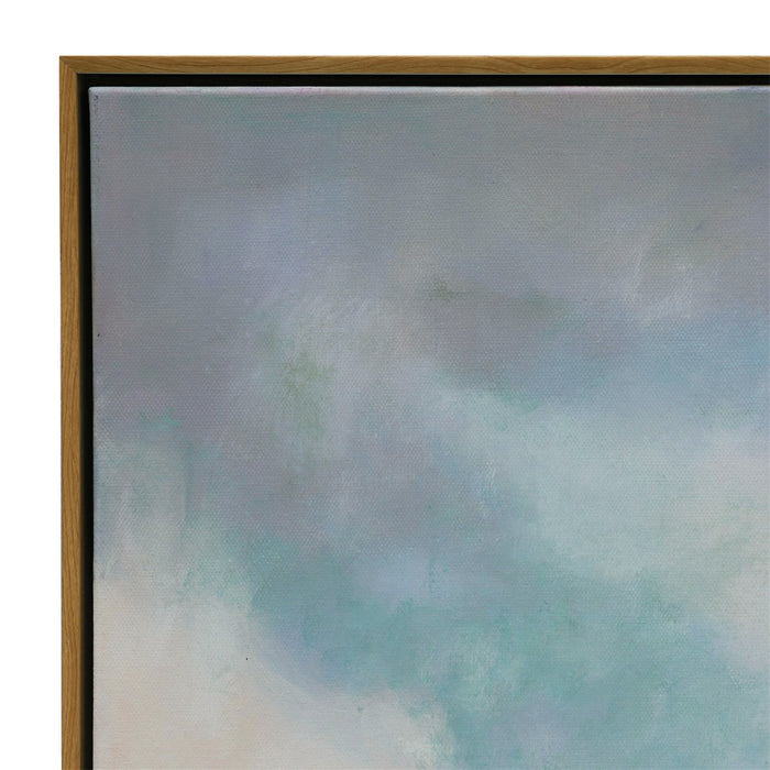 Abstract painting with soft blue hues, wooden [Brand] frame.