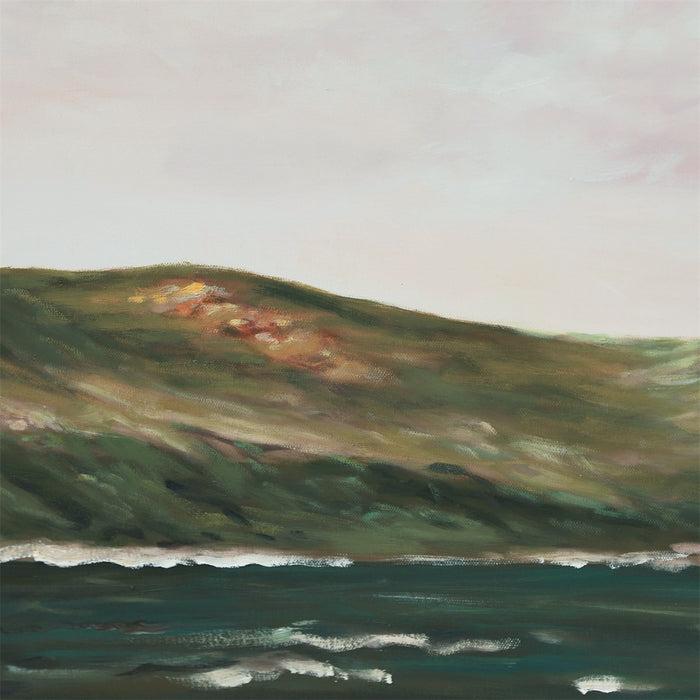 [Brand] landscape painting featuring hills and calm, wavy sea.