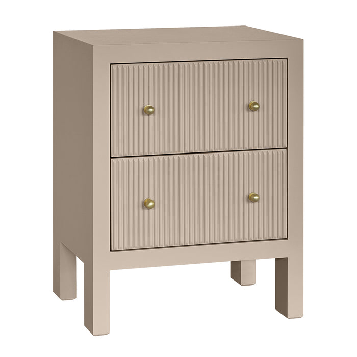 [Brand] beige nightstand, two drawers with ribbed design, knobs.