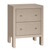 [Brand] beige nightstand, two drawers with ribbed design, knobs.
