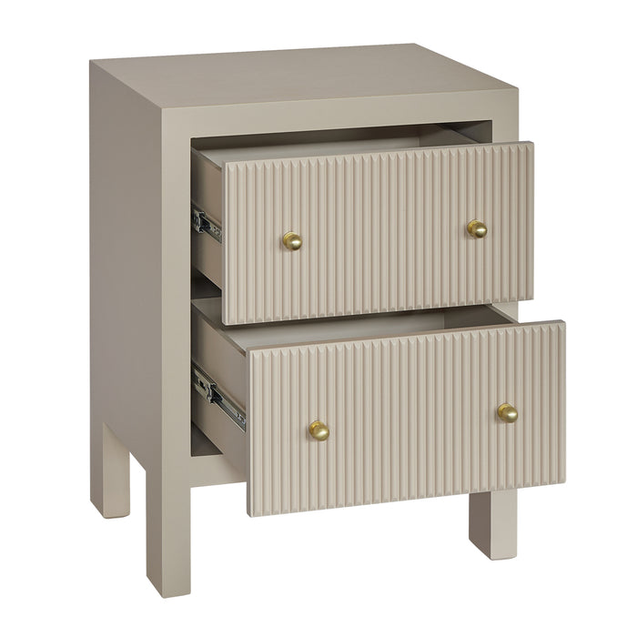 [Brand] beige nightstand with two open ribbed drawers.