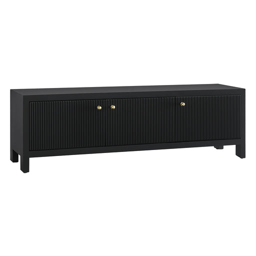 [Brand] black sideboard with gold knobs and fluted design.