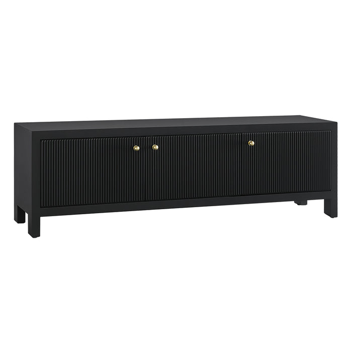 [Brand] black sideboard with gold knobs and fluted design.