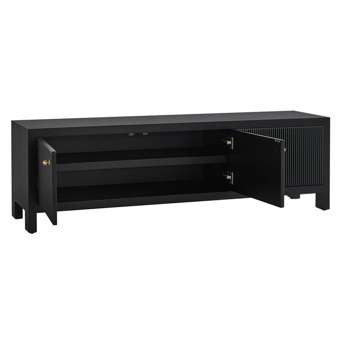 Black [Brand] sideboard with open doors on either side.