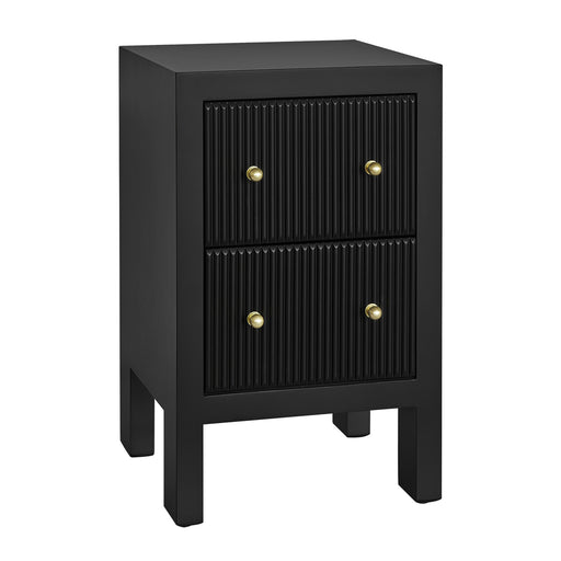 Black [Brand] nightstand with gold knobs and ribbed drawers.