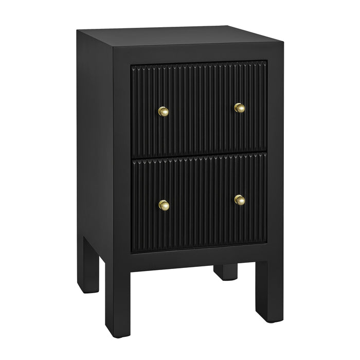 Black [Brand] nightstand with gold knobs and ribbed drawers.